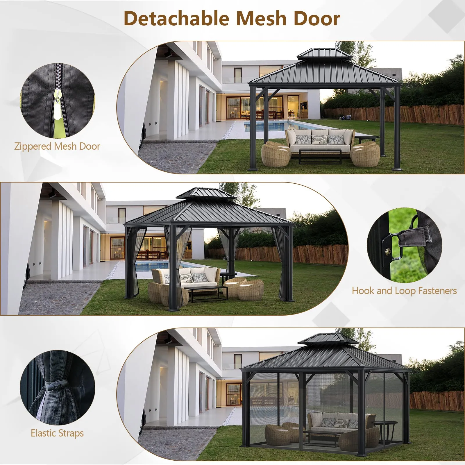 12ft x 10ft Hardtop Gazebo, 2-Tier Outdoor Gazebo w/ Double Vented Roof & Central Hook