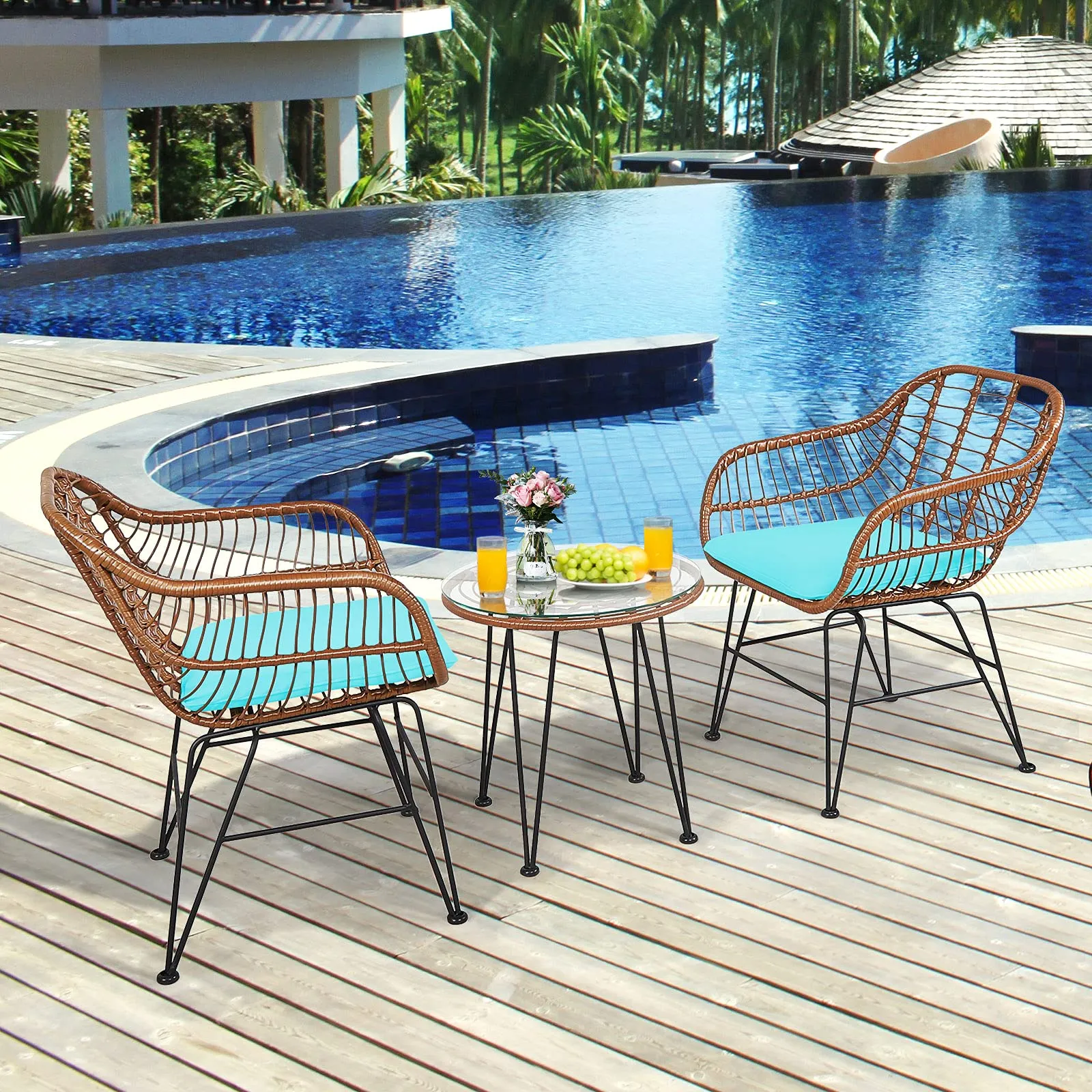 3 Pieces Patio Conversation Bistro Set, Outdoor Wicker Furniture w/Round Tempered Glass Top Table & 2 Rattan Armchairs
