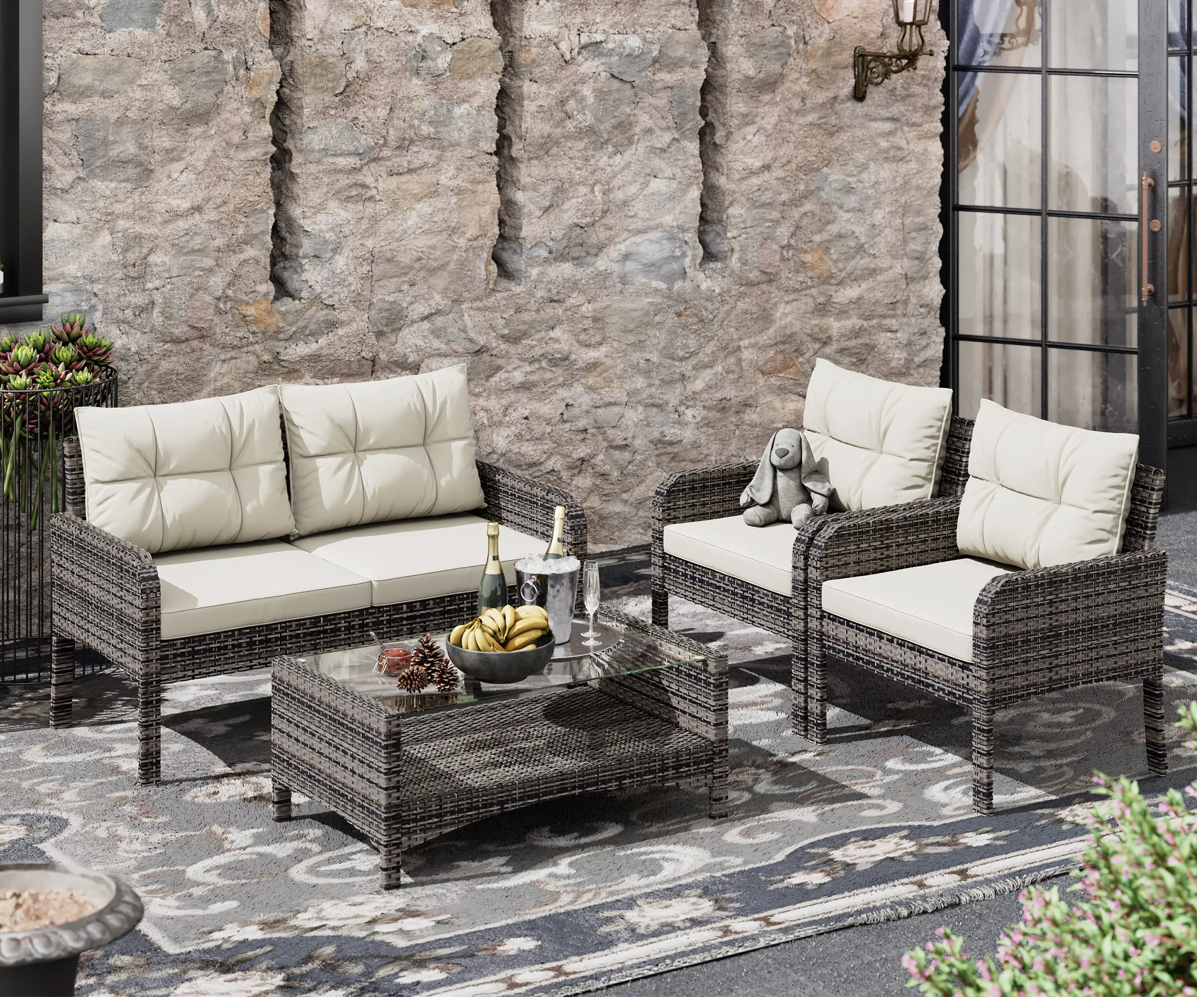 4 Pieces Rattan Sofa Set