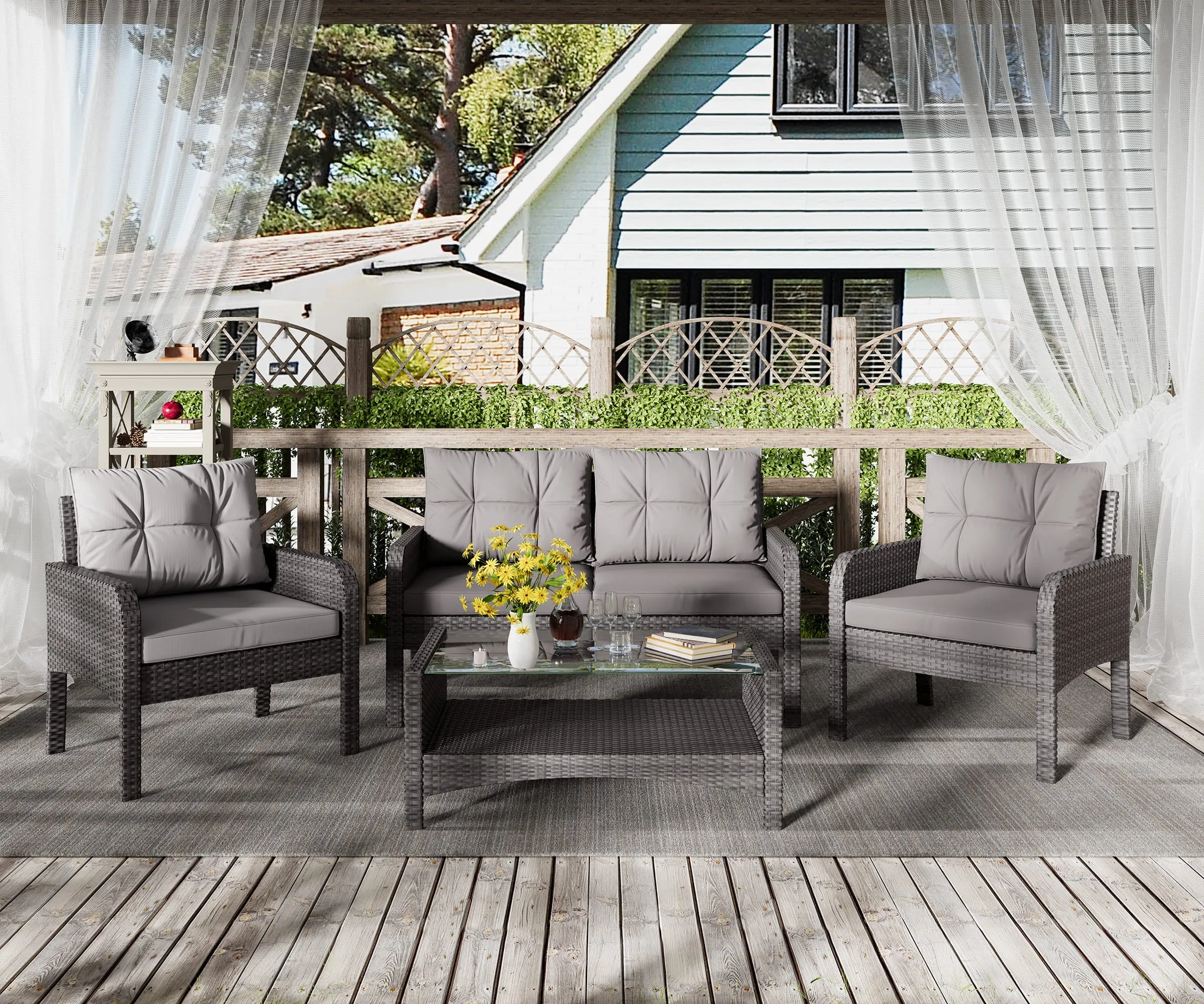 4 Pieces Rattan Sofa Set