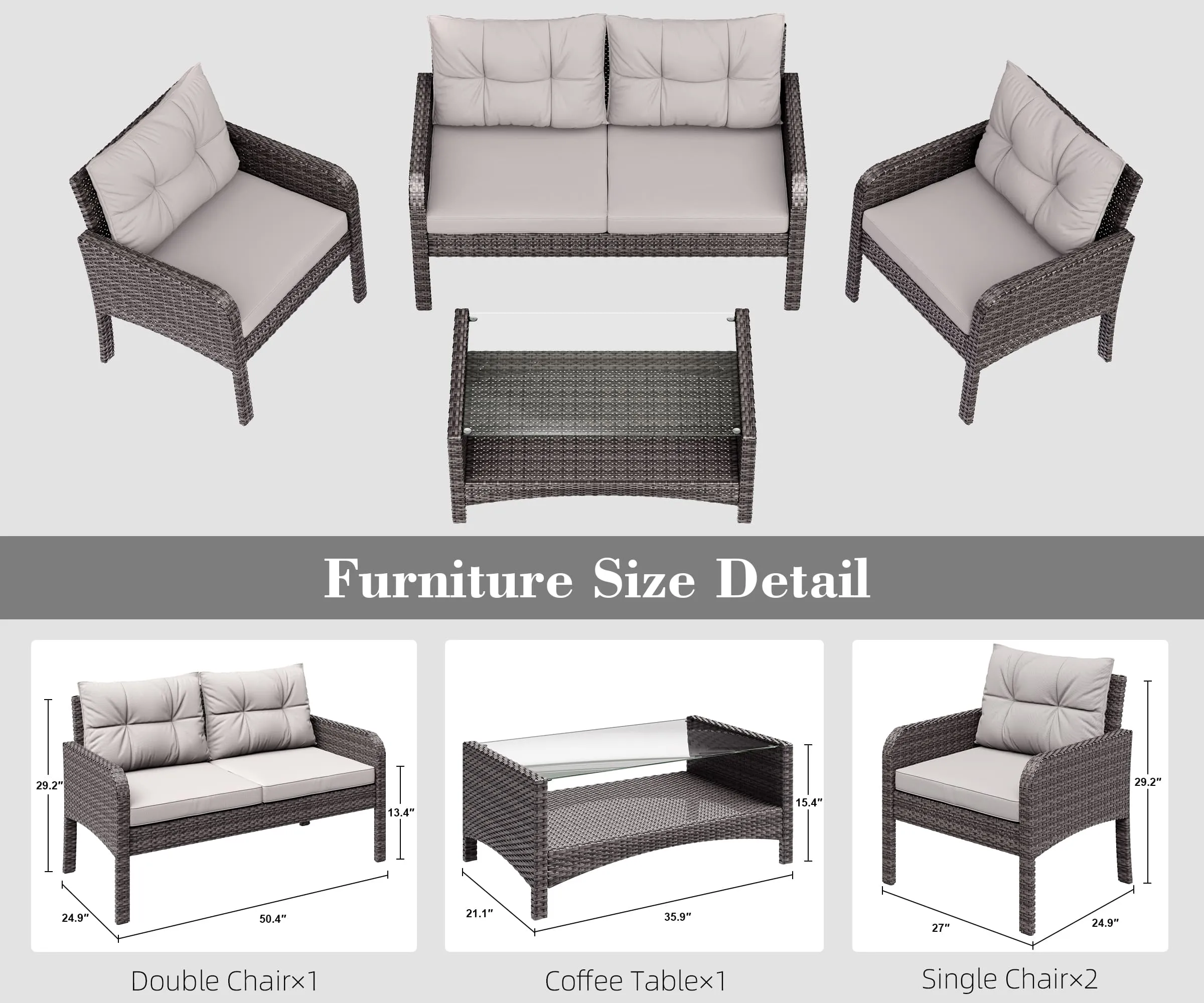4 Pieces Rattan Sofa Set