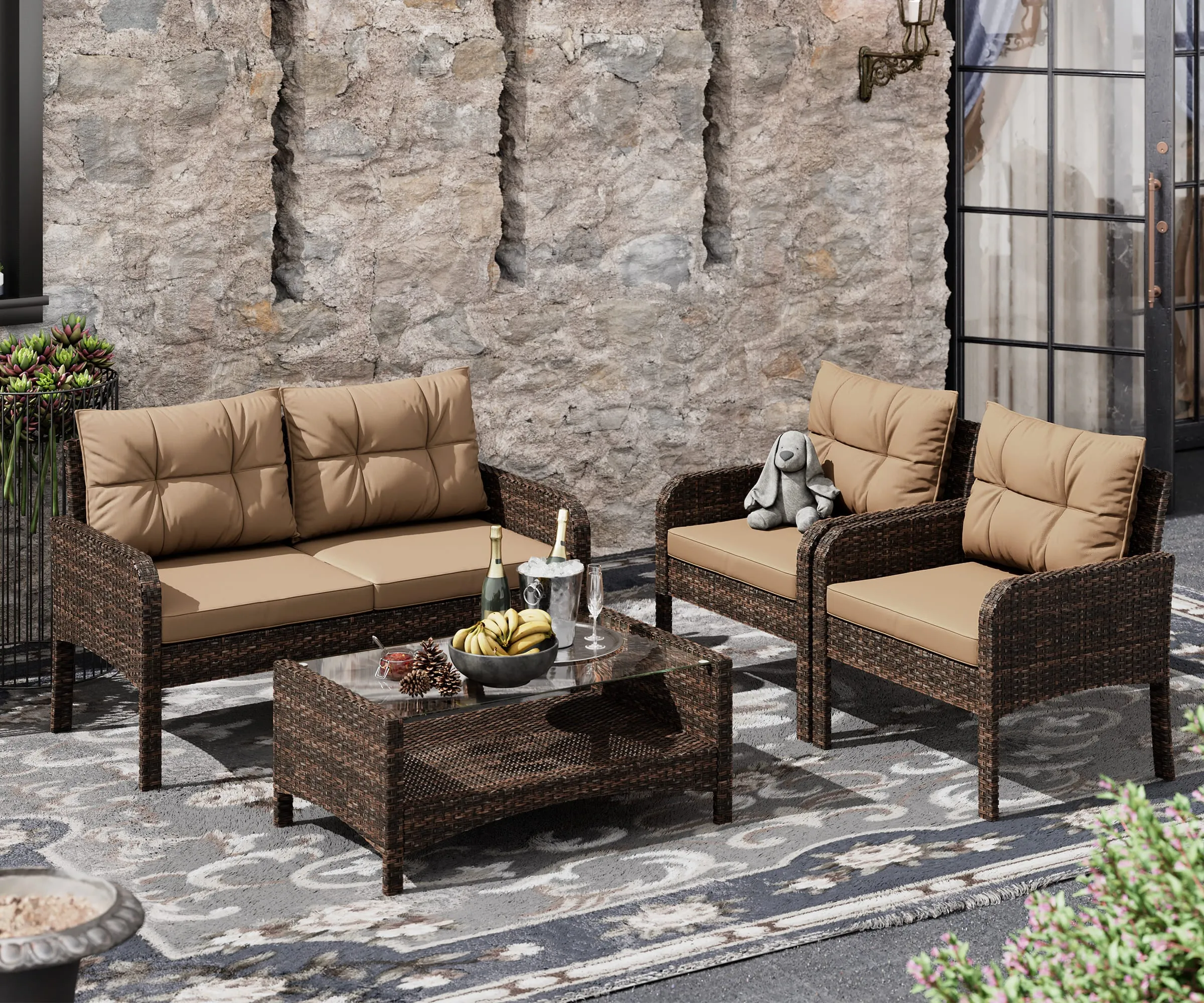4 Pieces Rattan Sofa Set