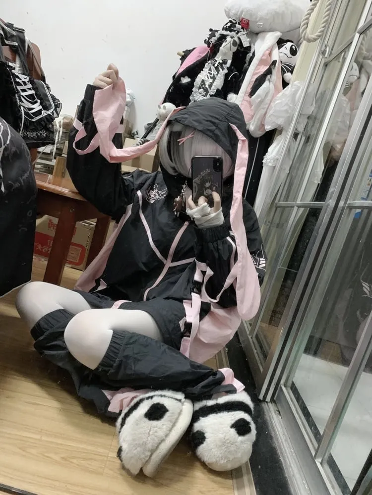 Black & Pink Bunny Ear Colorblock Jirai Kei Hooded Jacket/Leg Warmers