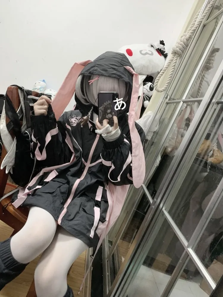 Black & Pink Bunny Ear Colorblock Jirai Kei Hooded Jacket/Leg Warmers