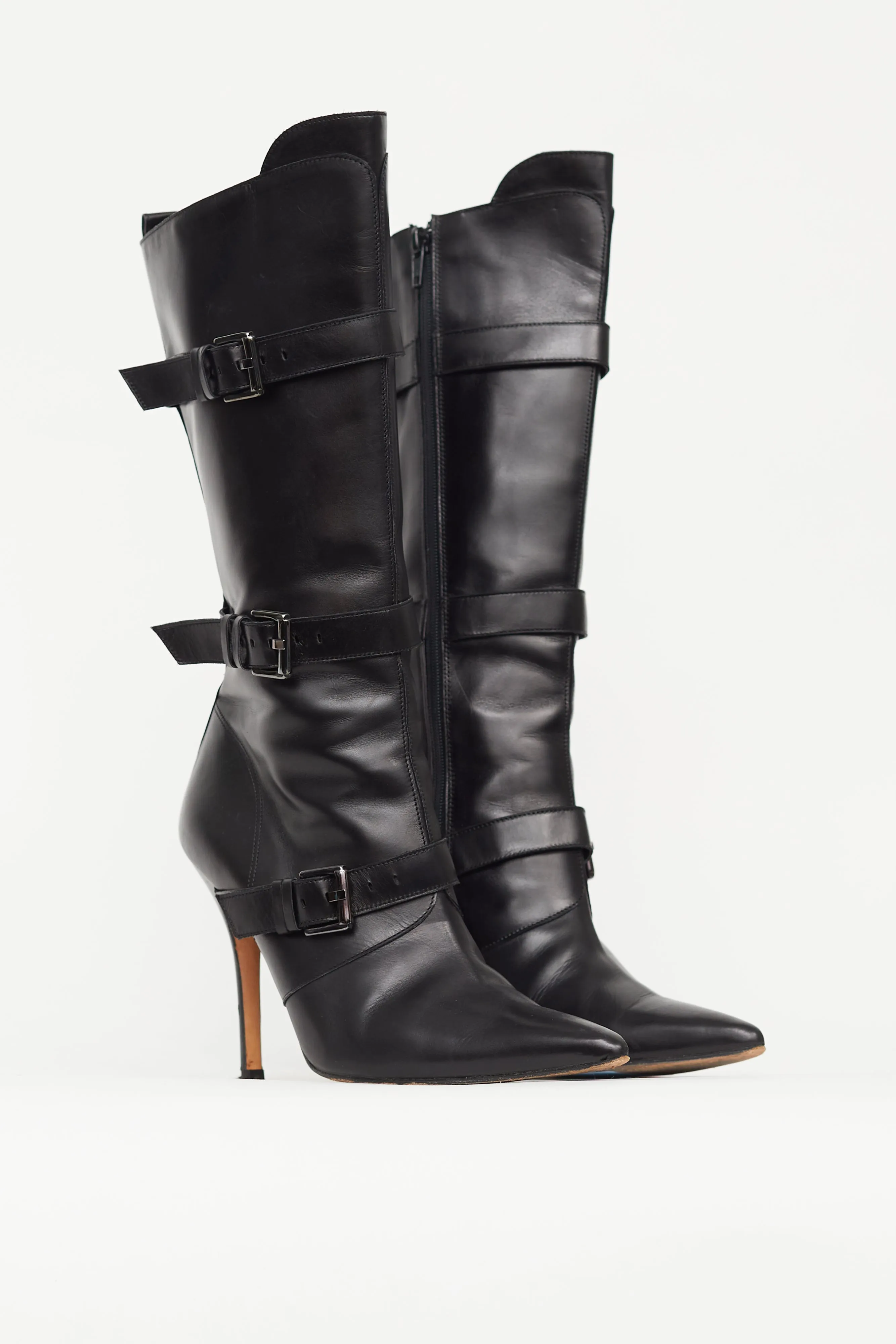 Black Leather Pointed Toe Buckle Pump Boot