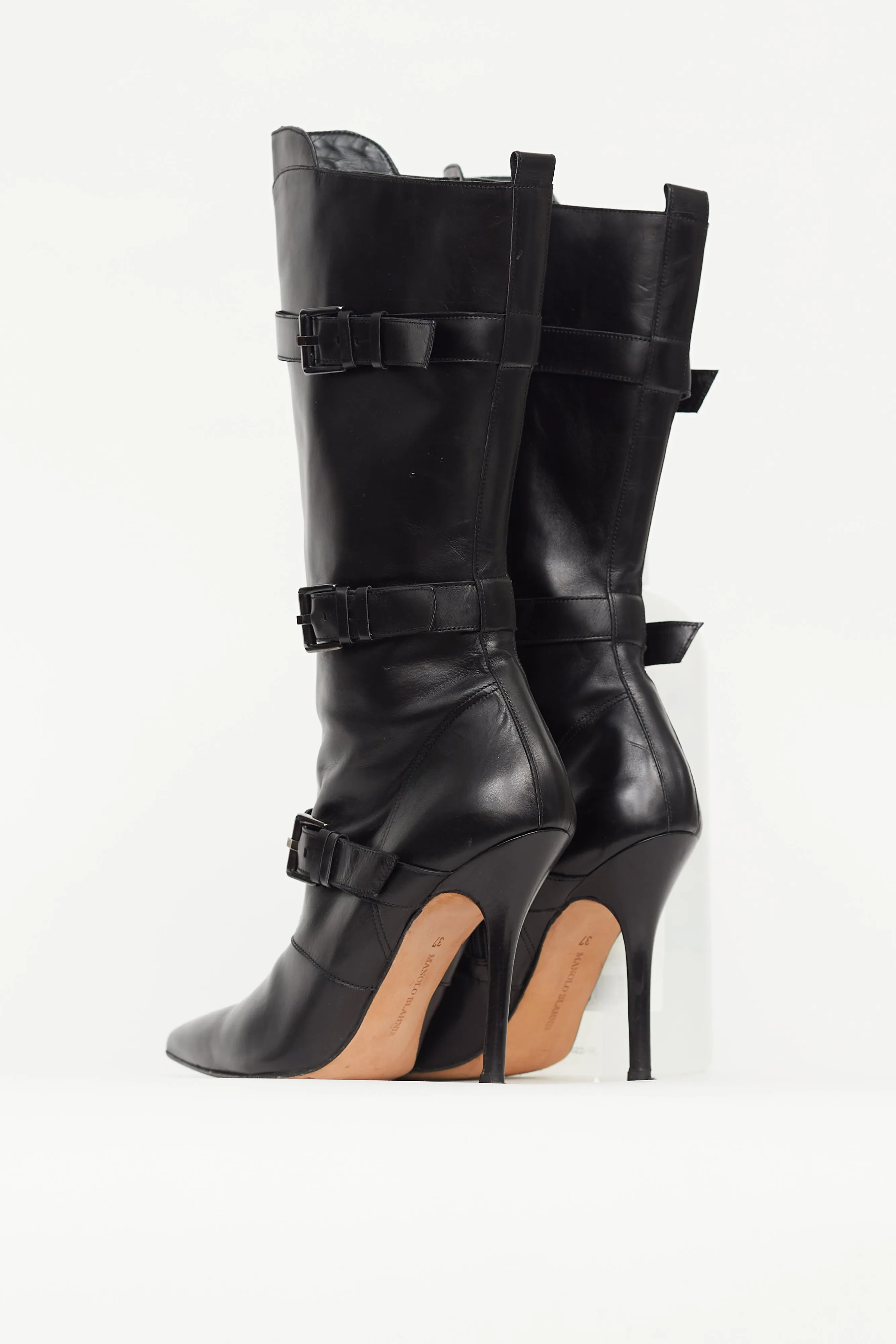 Black Leather Pointed Toe Buckle Pump Boot