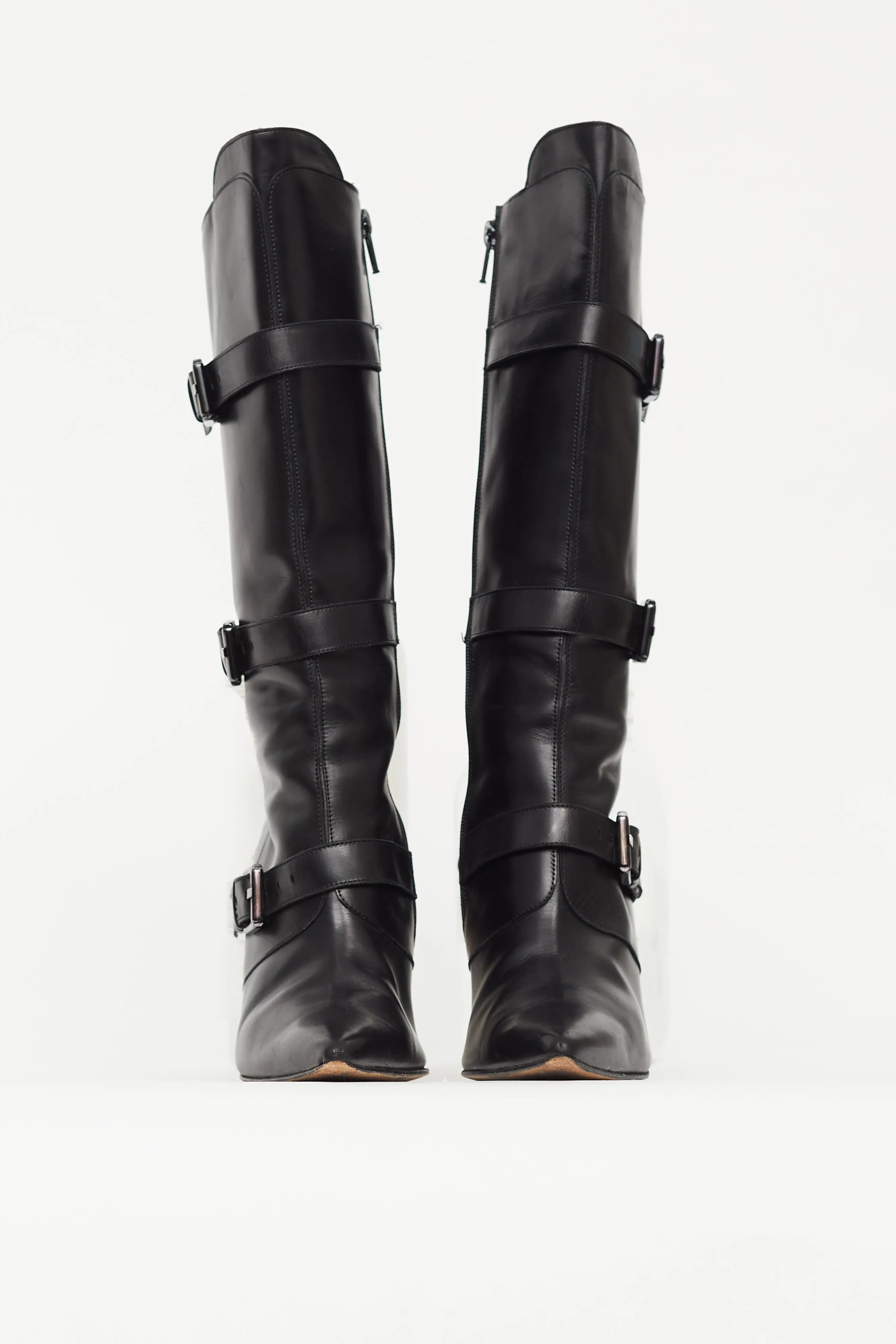 Black Leather Pointed Toe Buckle Pump Boot