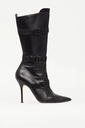 Black Leather Pointed Toe Buckle Pump Boot