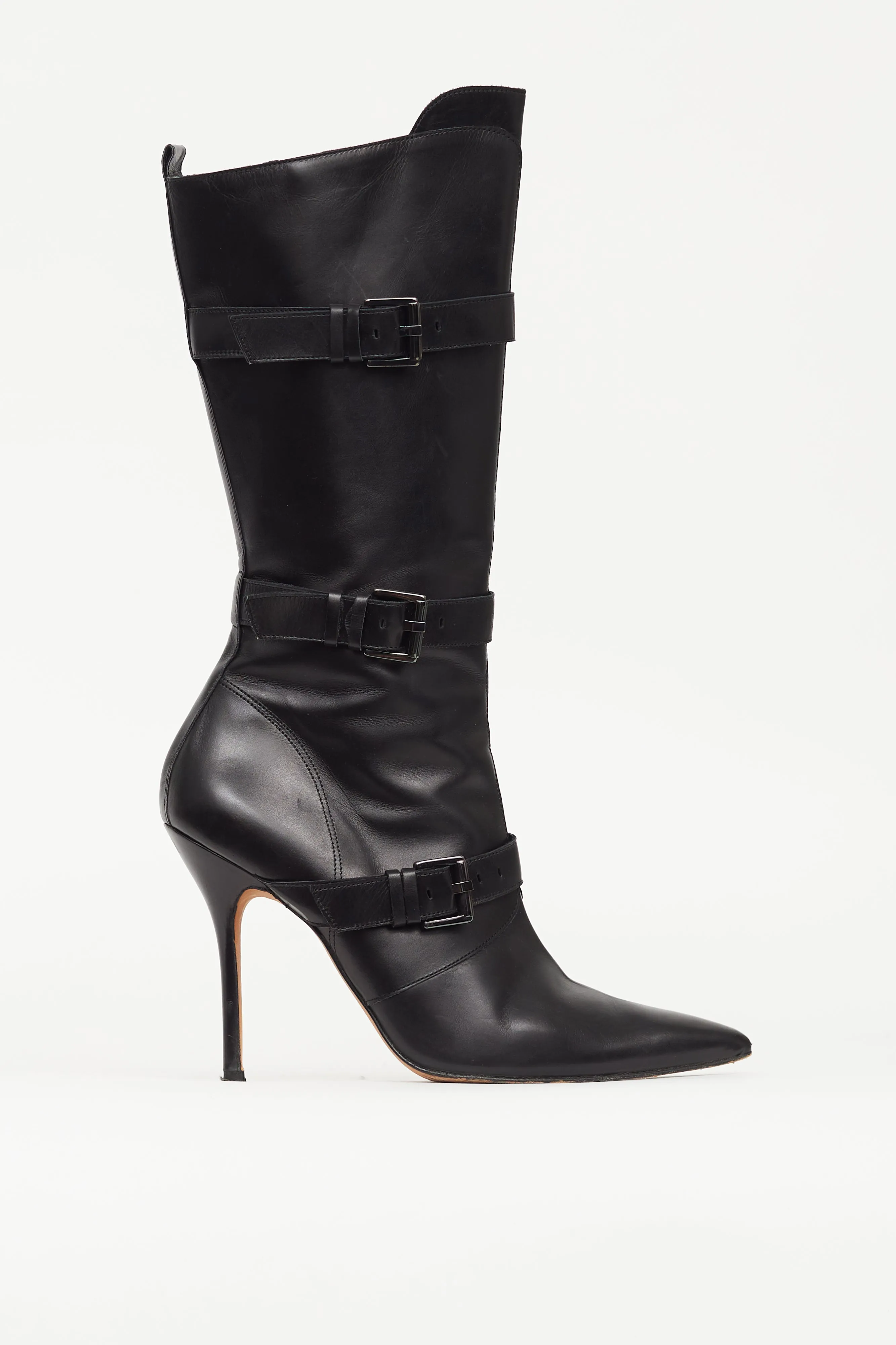 Black Leather Pointed Toe Buckle Pump Boot