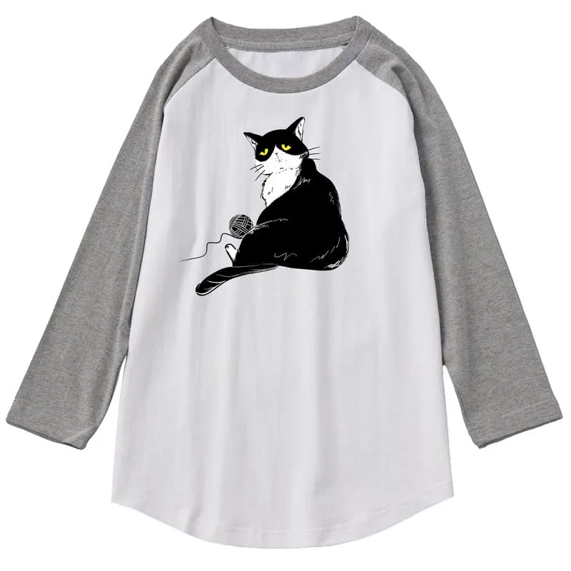 CORIRESHA Men's Cute Cat T-Shirt Raglan Sleeves Round Neck Curved Hem Casual Tops