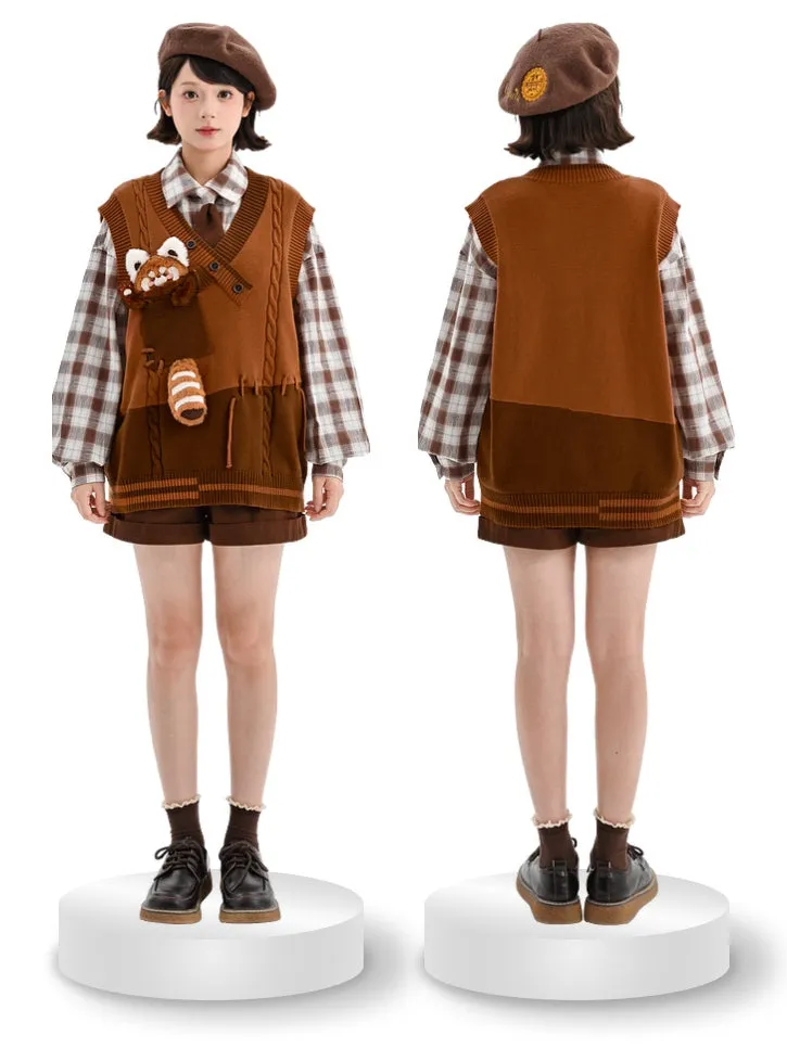 Cute Lesser Panda Brown Colorblock Knit Vest