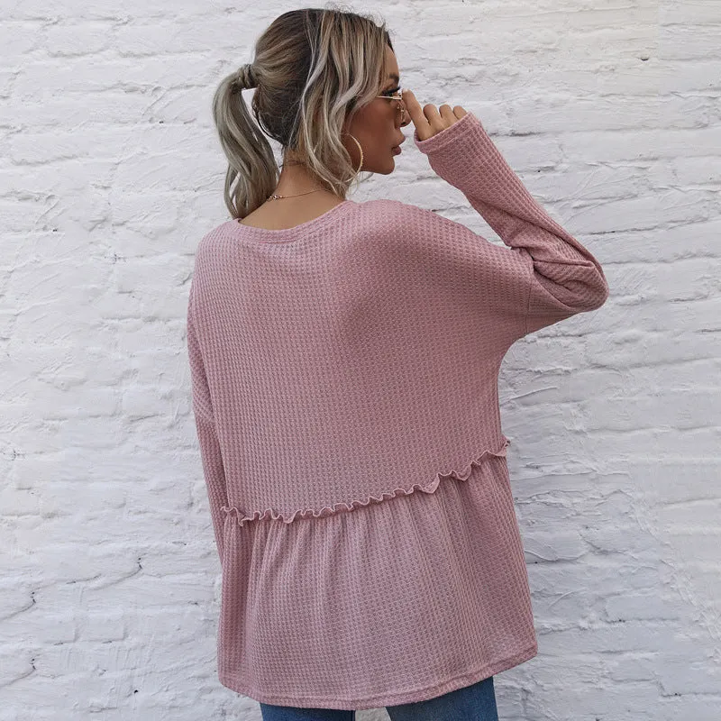 Drop Shoulder Waffle Knit Blouse