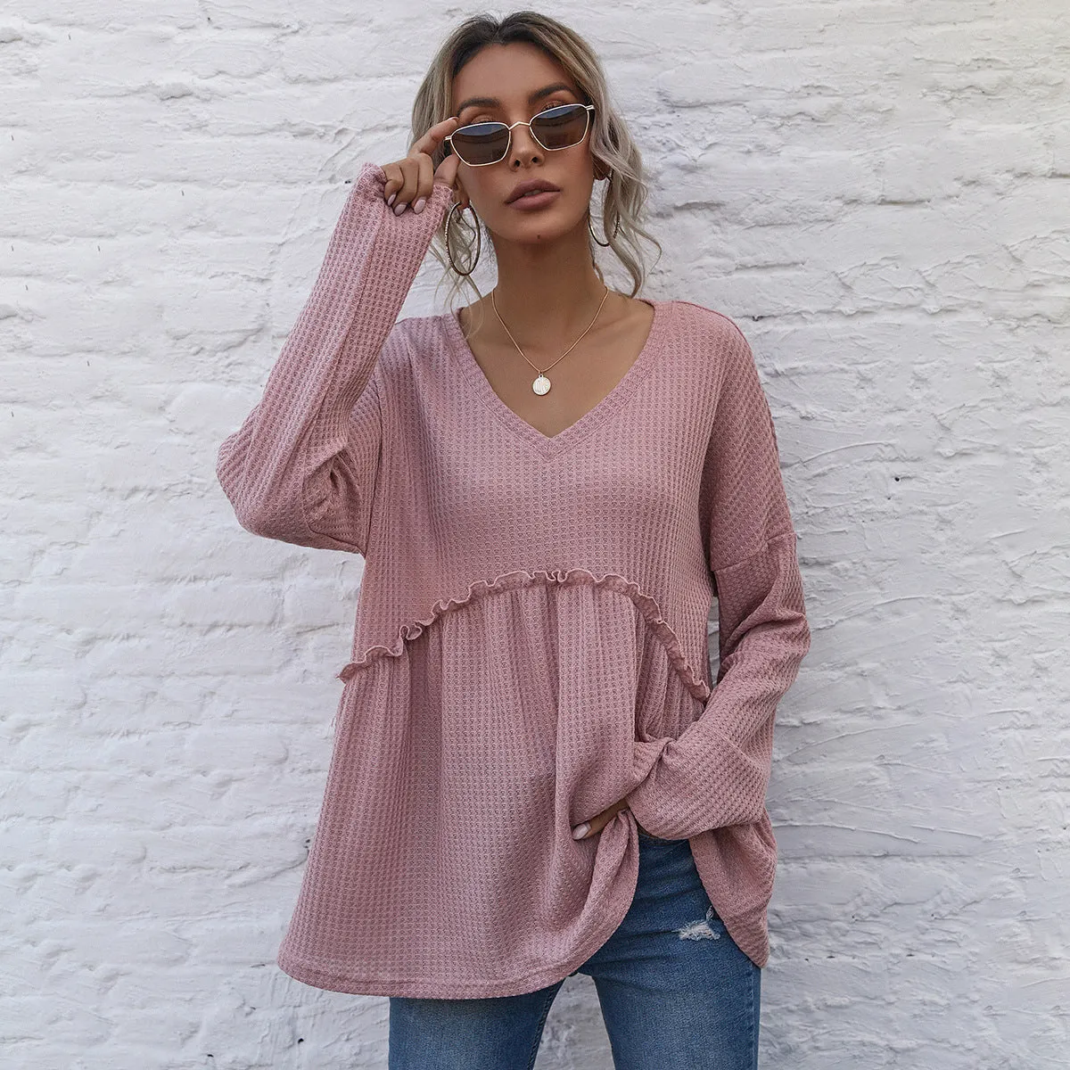 Drop Shoulder Waffle Knit Blouse