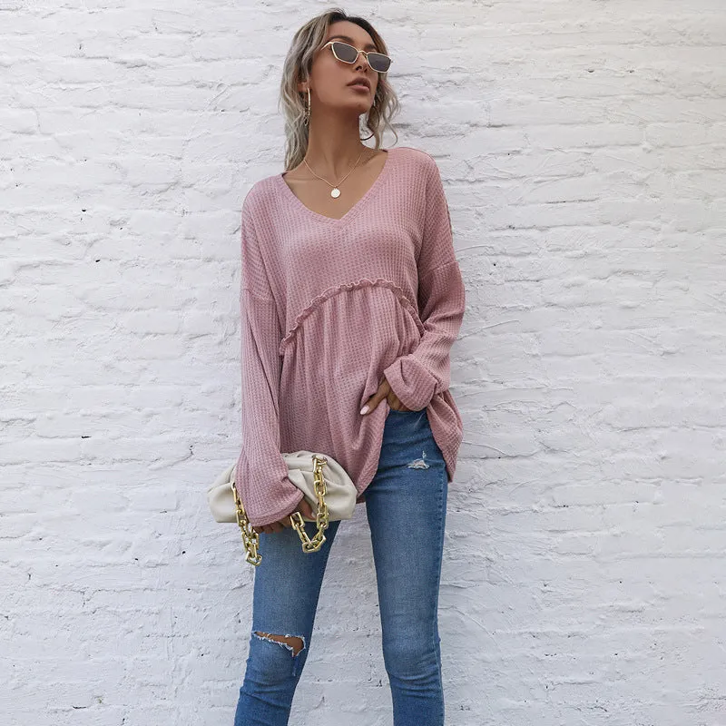 Drop Shoulder Waffle Knit Blouse