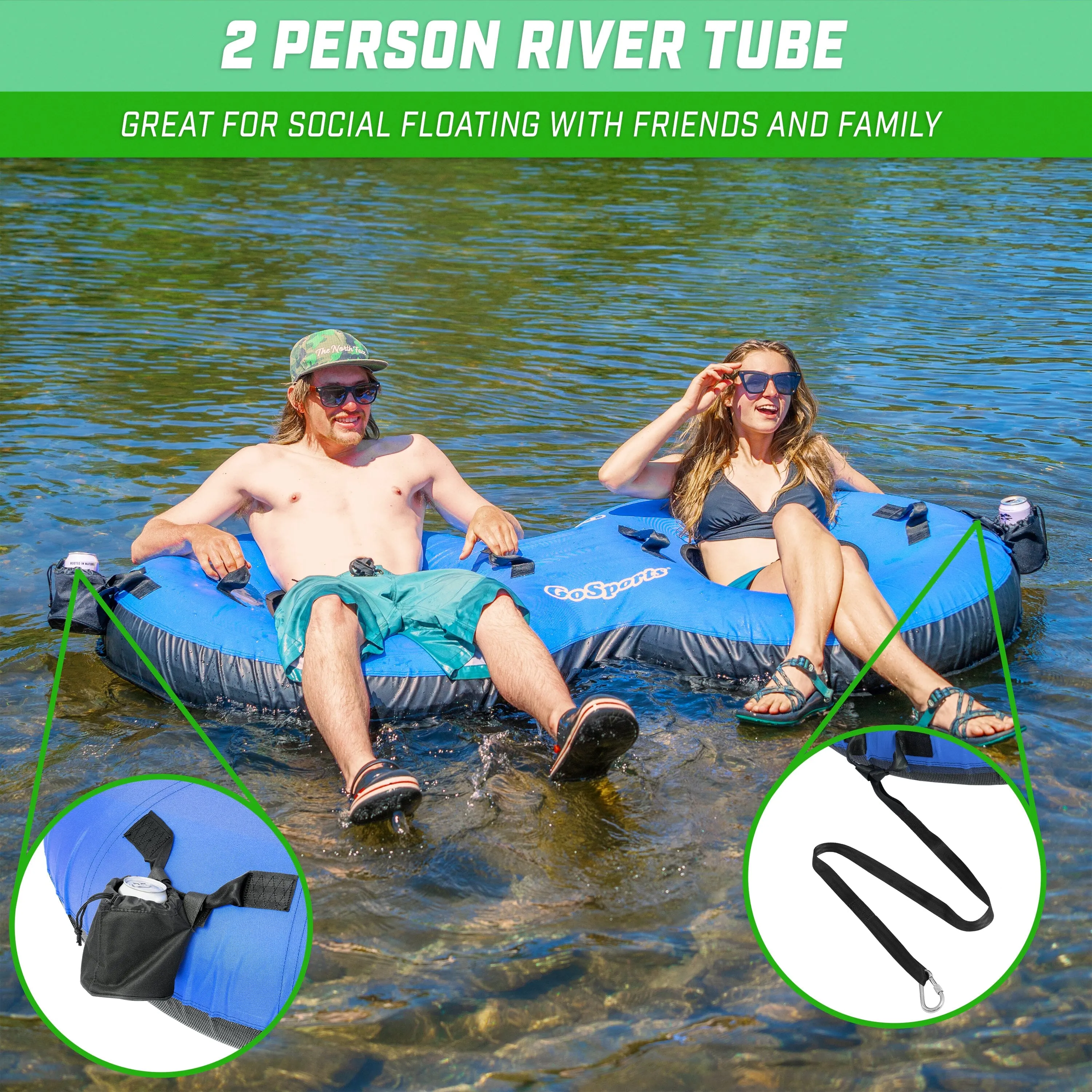 GoSports Heavy Duty 2 Person Floating River Tube with Premium Canvas Cover - Blue