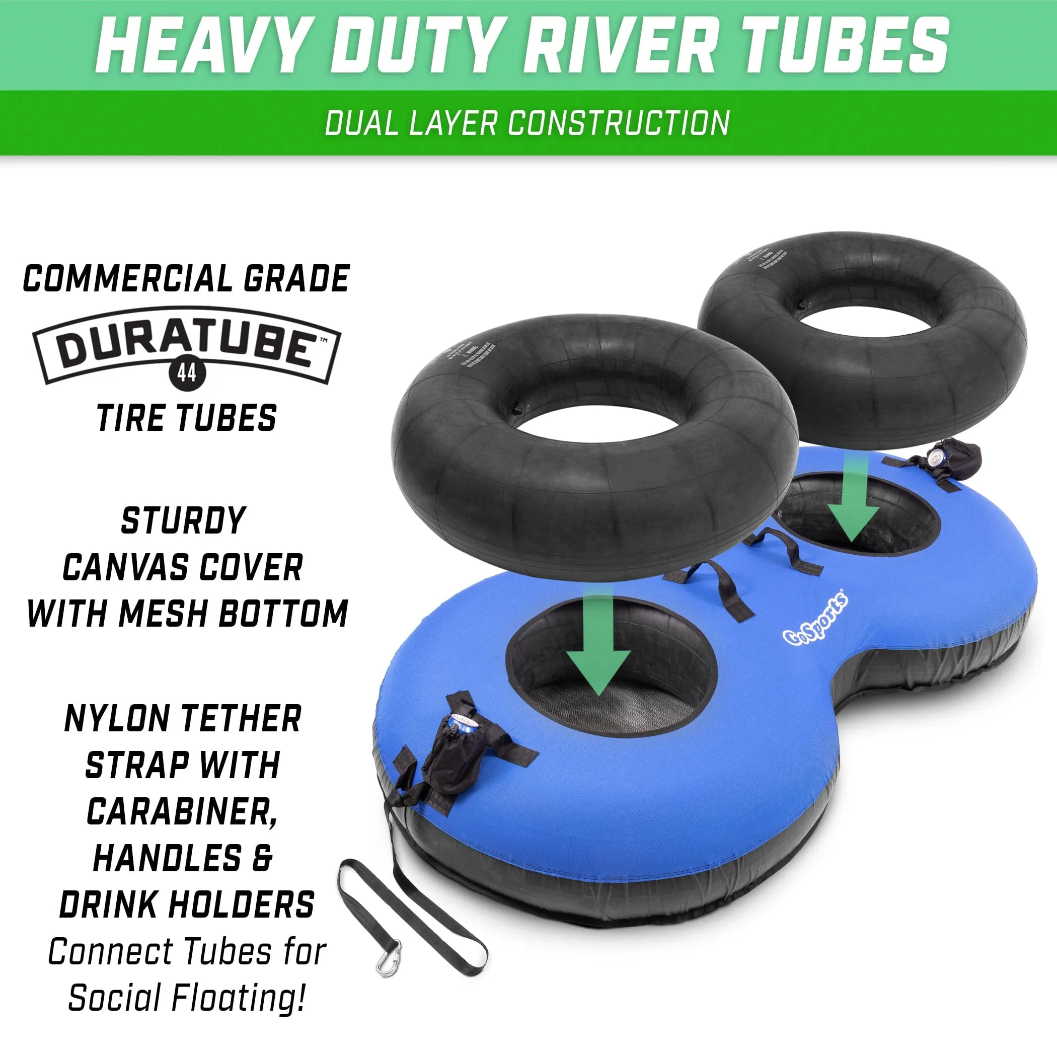 GoSports Heavy Duty 2 Person Floating River Tube with Premium Canvas Cover - Blue