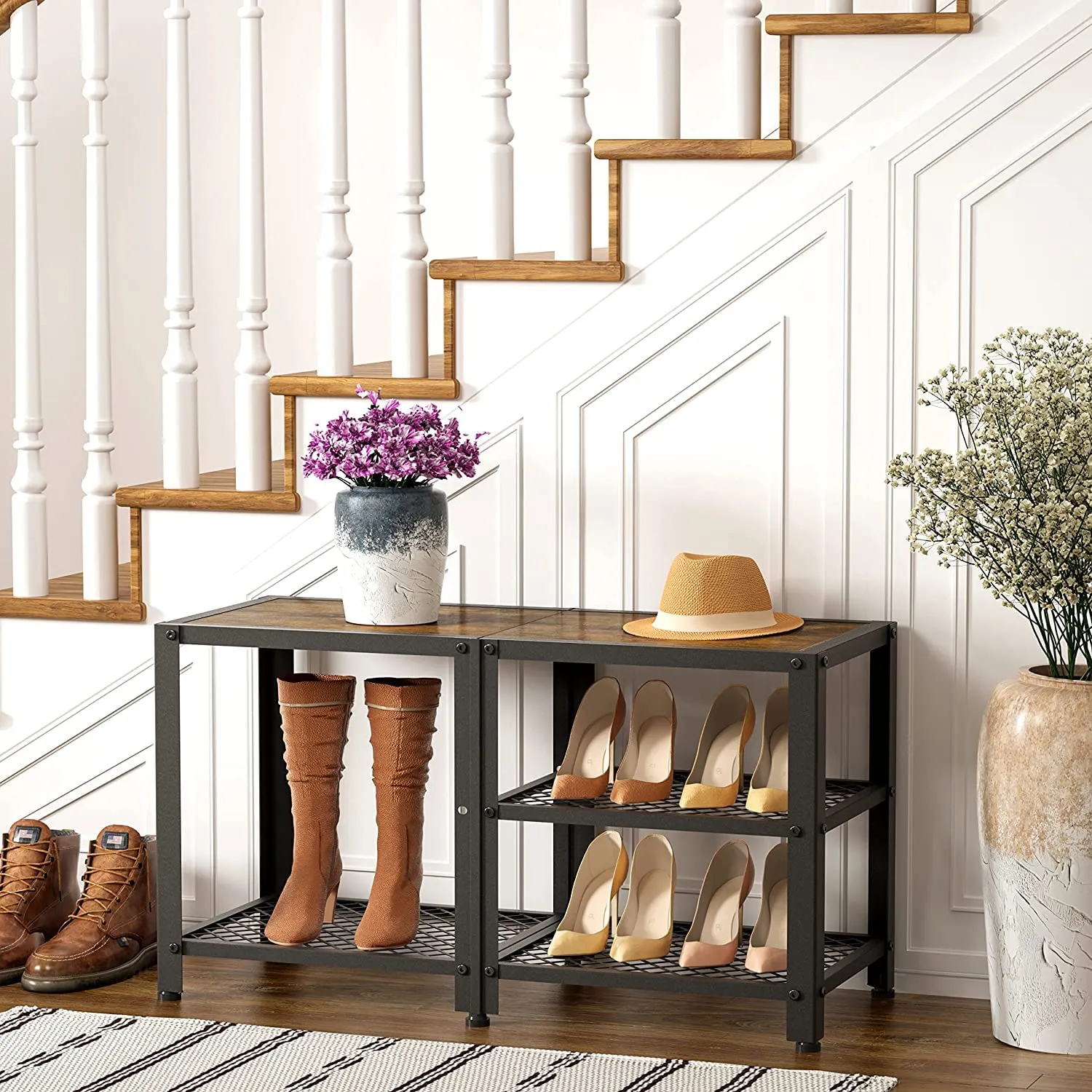 Indian Decor 415609 Shoe Rack 3-Tier Entryway,Boots Storage,Shoe Shelf,Small Rustic Shoe Rack,Shoe Bench,Shoe Stand,Metal Wood Bench,Shoe Storage Bench,Industrial Shoe Rack Closet,Hallway, Livingroom