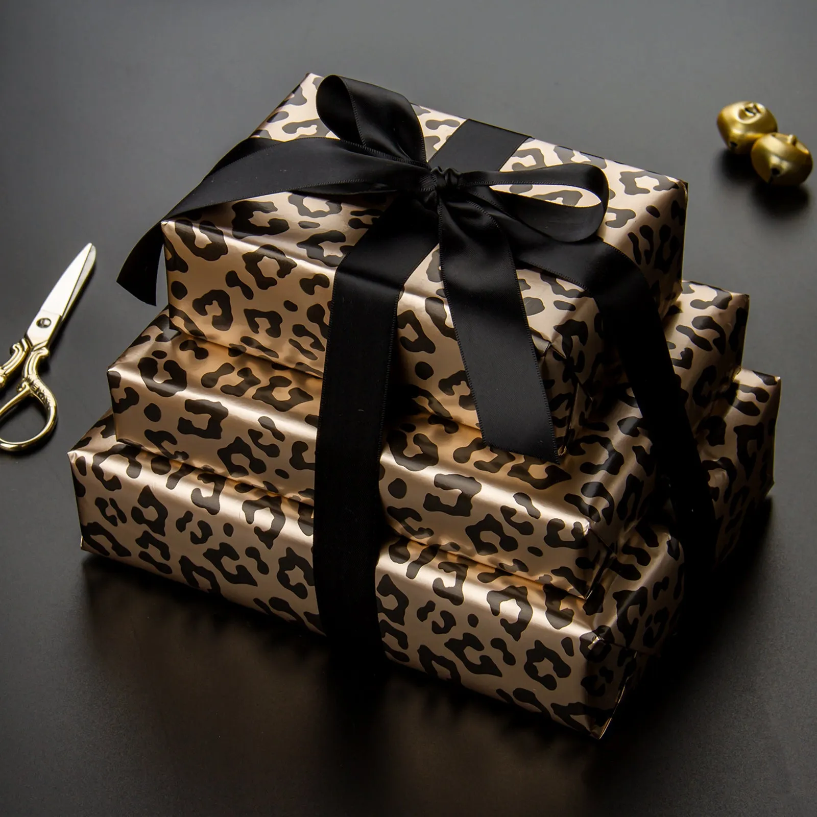 Leopard Wrapping Paper Gold Foil with Black Stripe on Reverse