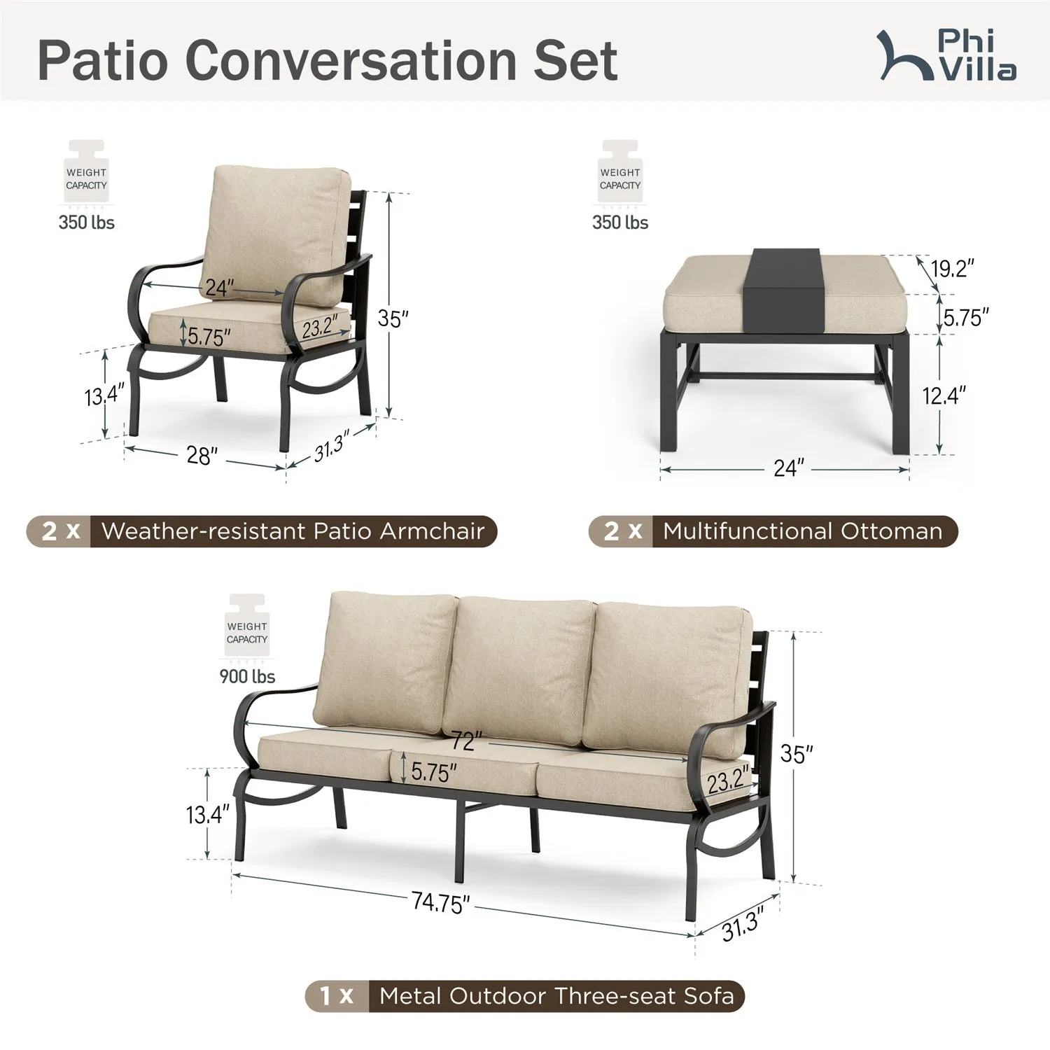 Phi Villa 7-Seater Outdoor Steel Sofa with Multi-functional Ottomans