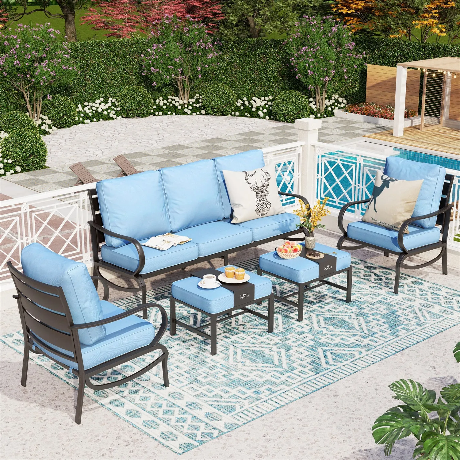Phi Villa 7-Seater Outdoor Steel Sofa with Multi-functional Ottomans