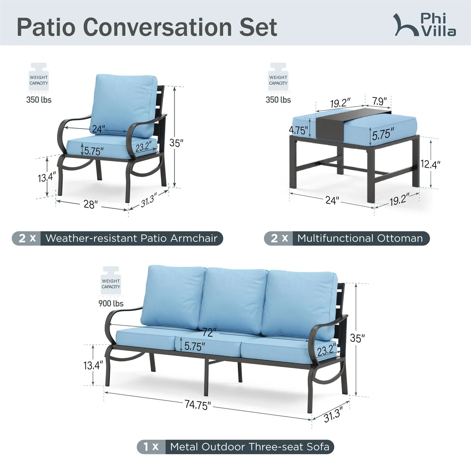 Phi Villa 7-Seater Outdoor Steel Sofa with Multi-functional Ottomans