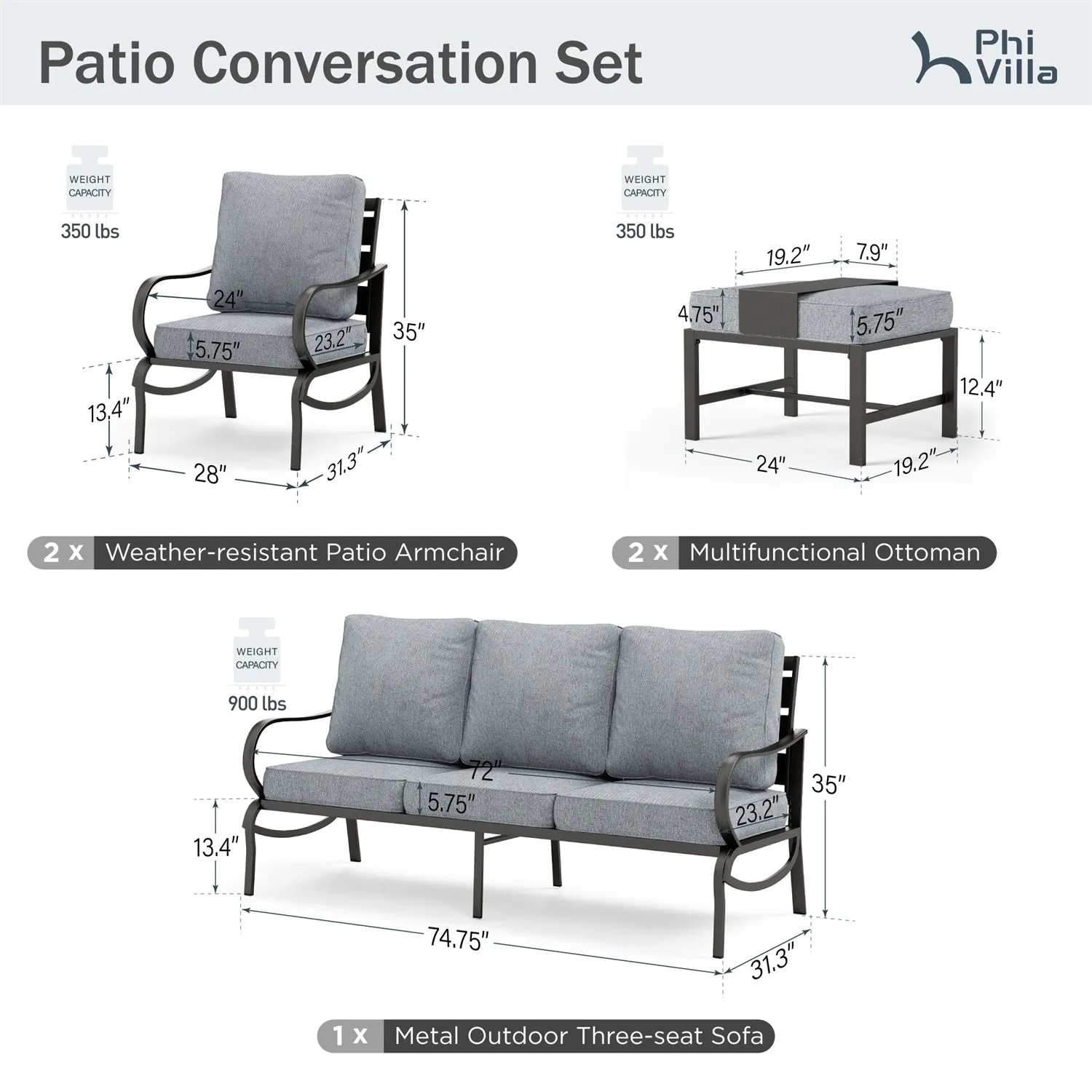 Phi Villa 7-Seater Outdoor Steel Sofa with Multi-functional Ottomans