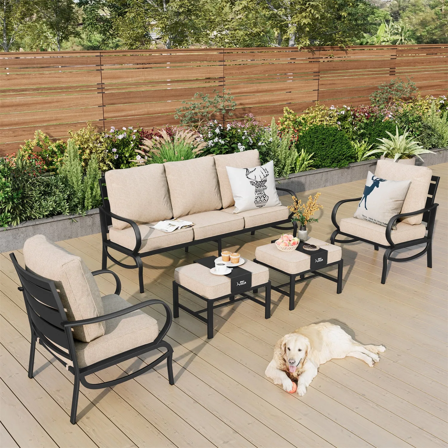 Phi Villa 7-Seater Outdoor Steel Sofa with Multi-functional Ottomans