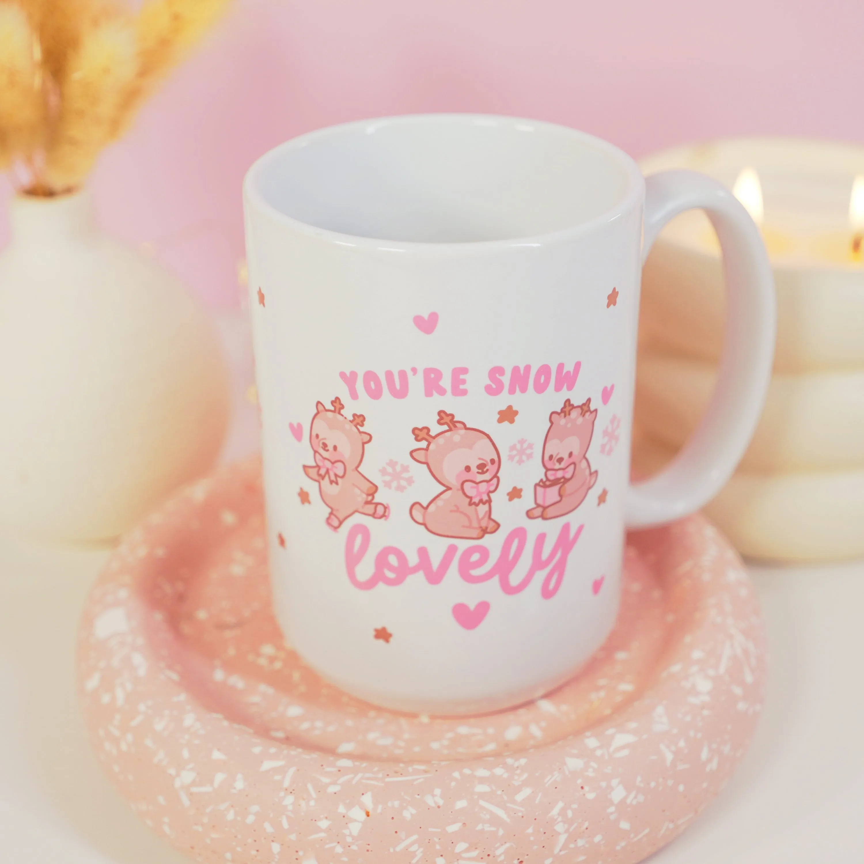 You're Snow Lovely Christmas Ceramic Mug | Kawaii Reindeer Design | Festive Cinnamon Reindeer Holiday Coffee & Hot Chocolate Mug