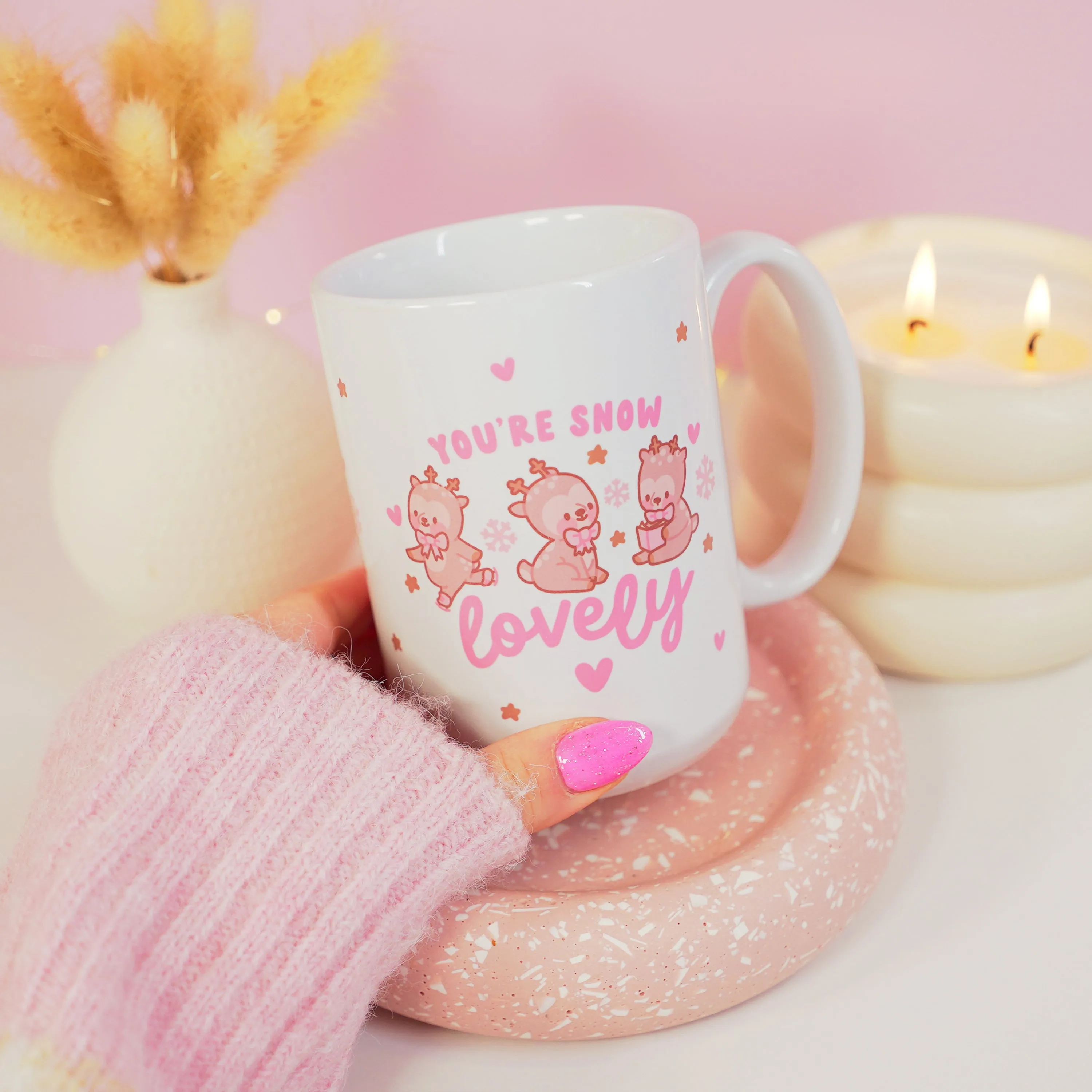 You're Snow Lovely Christmas Ceramic Mug | Kawaii Reindeer Design | Festive Cinnamon Reindeer Holiday Coffee & Hot Chocolate Mug