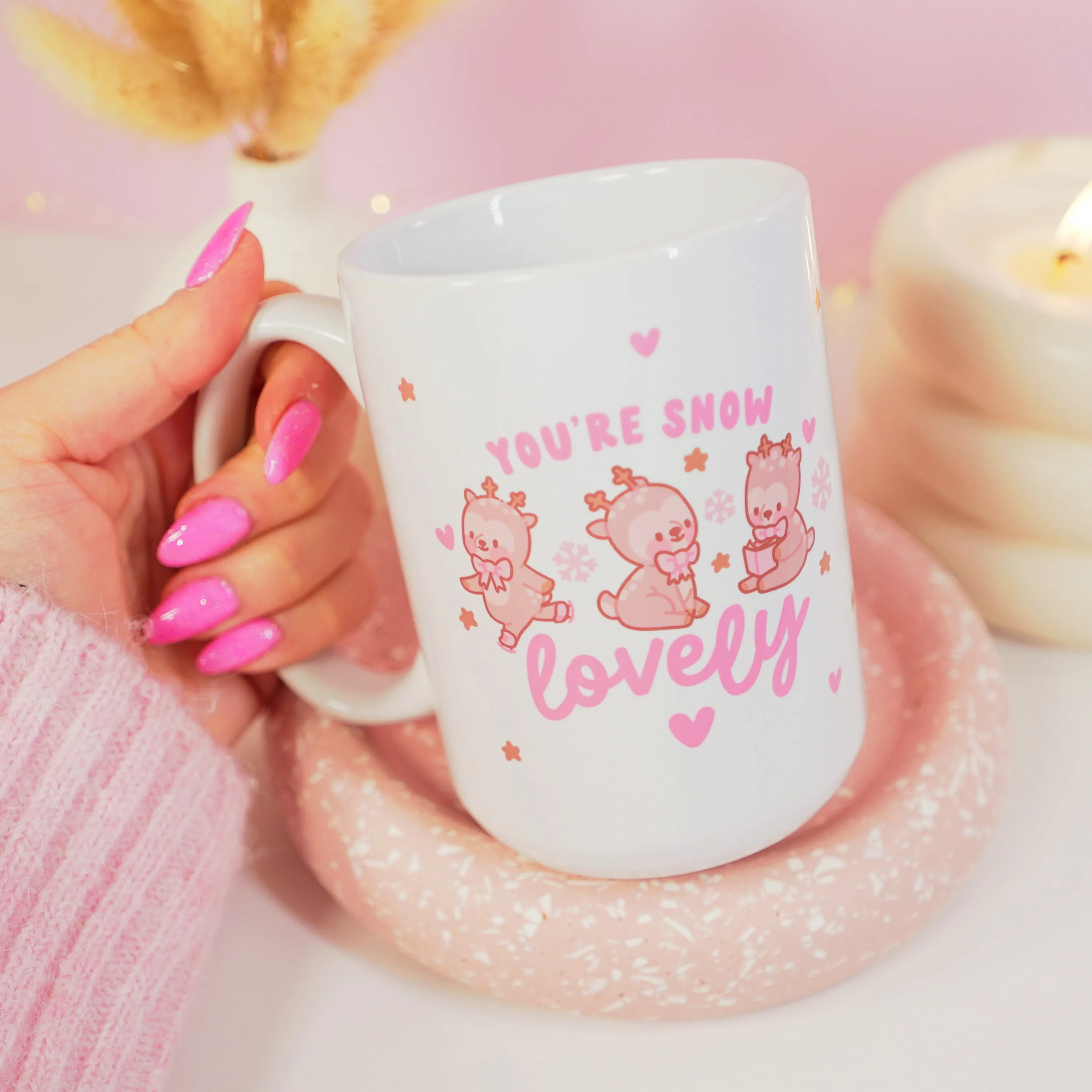 You're Snow Lovely Christmas Ceramic Mug | Kawaii Reindeer Design | Festive Cinnamon Reindeer Holiday Coffee & Hot Chocolate Mug