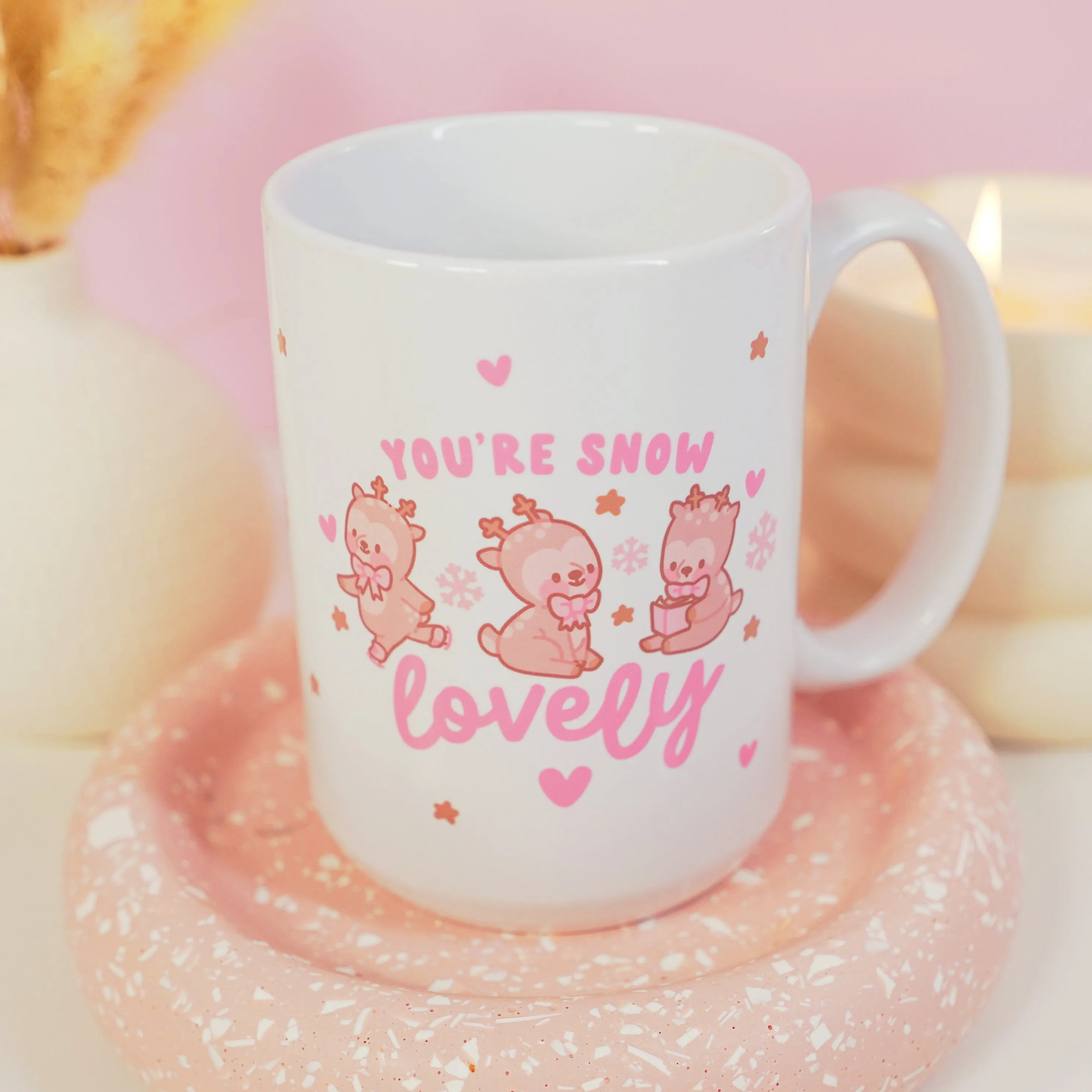 You're Snow Lovely Christmas Ceramic Mug | Kawaii Reindeer Design | Festive Cinnamon Reindeer Holiday Coffee & Hot Chocolate Mug