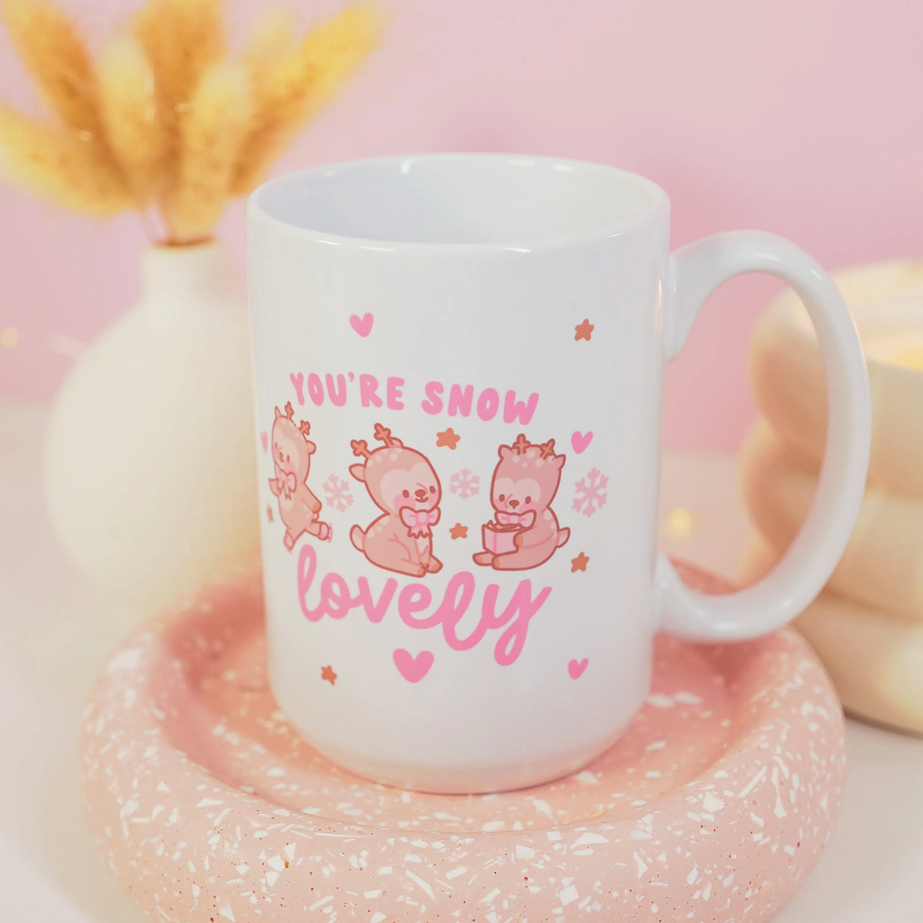 You're Snow Lovely Christmas Ceramic Mug | Kawaii Reindeer Design | Festive Cinnamon Reindeer Holiday Coffee & Hot Chocolate Mug