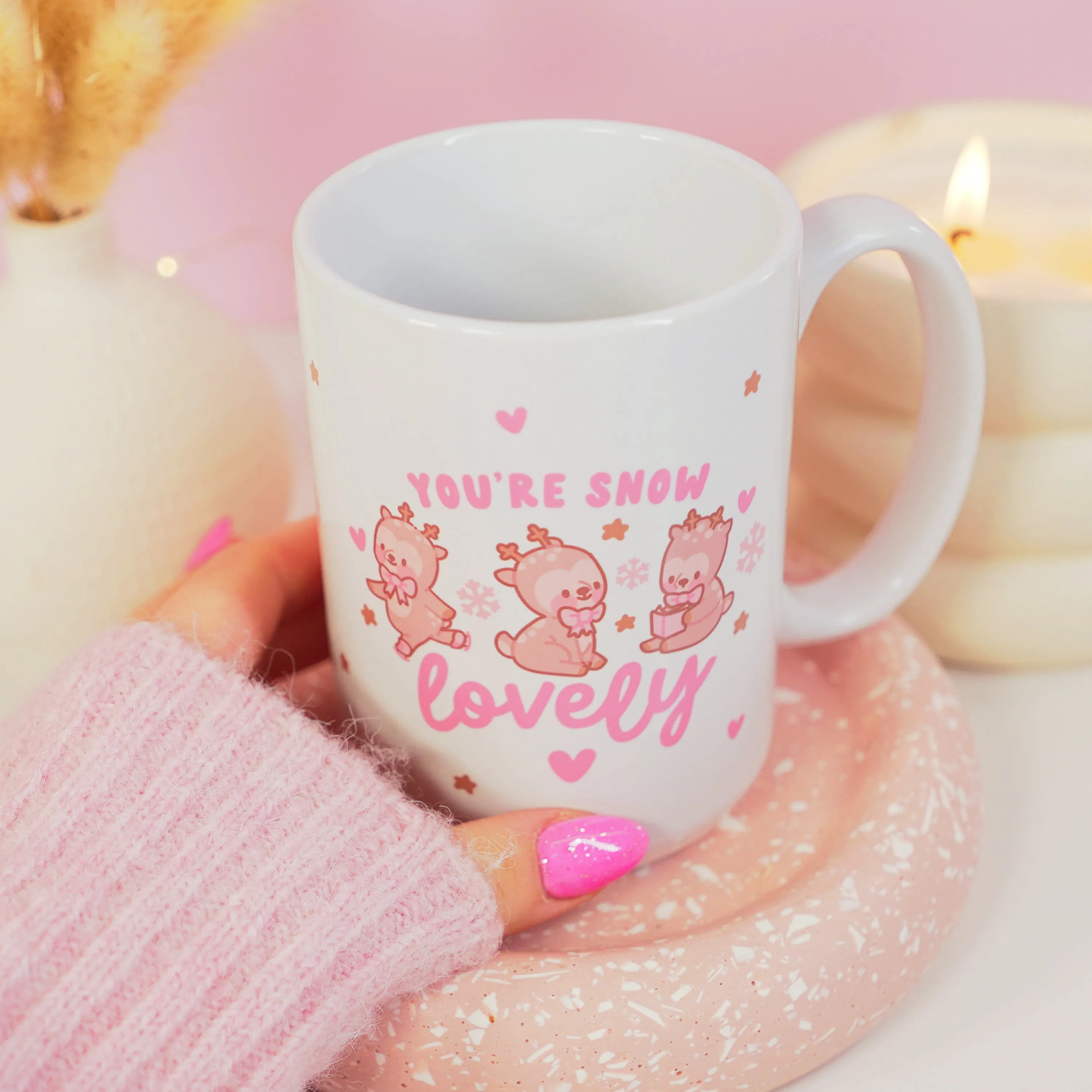 You're Snow Lovely Christmas Ceramic Mug | Kawaii Reindeer Design | Festive Cinnamon Reindeer Holiday Coffee & Hot Chocolate Mug