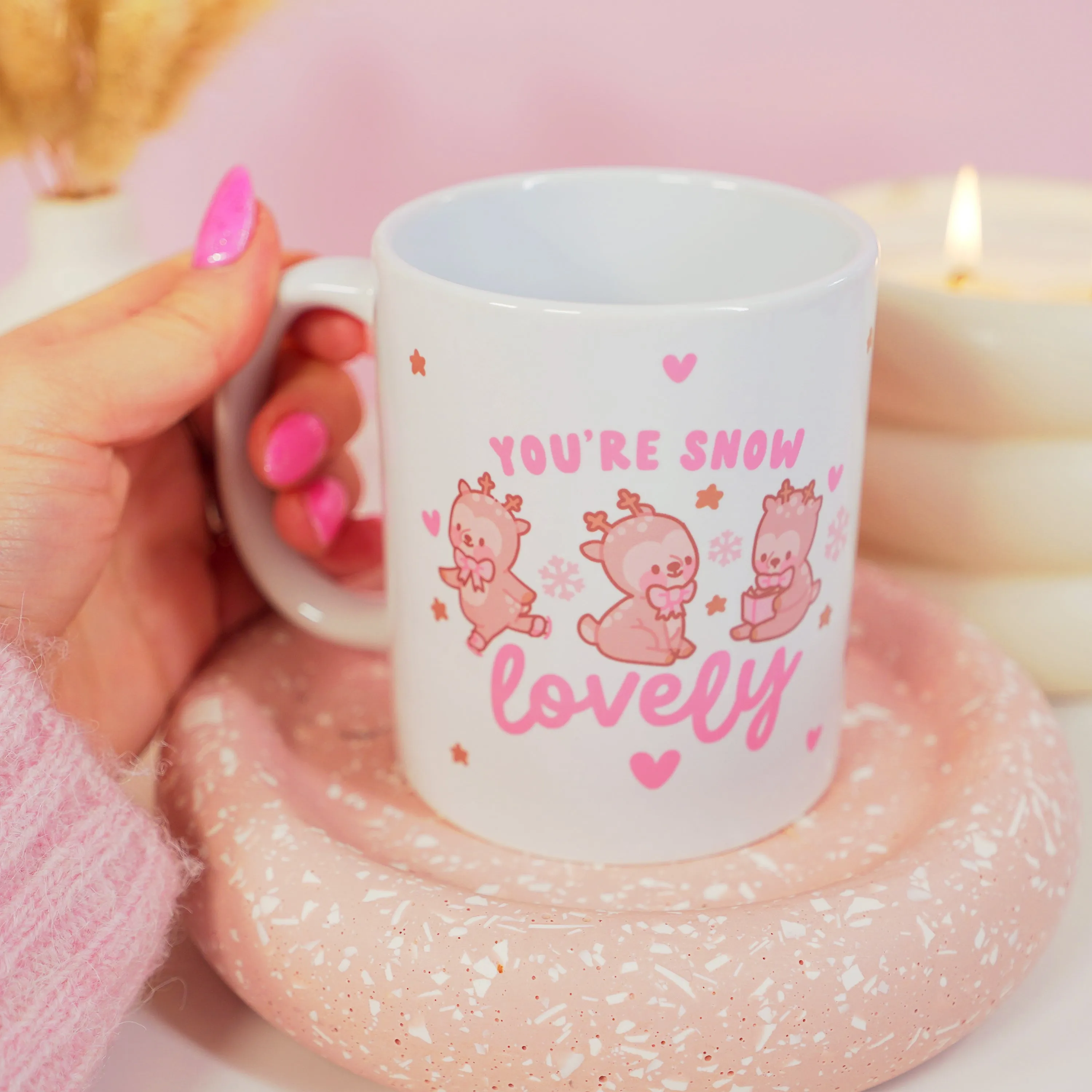 You're Snow Lovely Christmas Ceramic Mug | Kawaii Reindeer Design | Festive Cinnamon Reindeer Holiday Coffee & Hot Chocolate Mug
