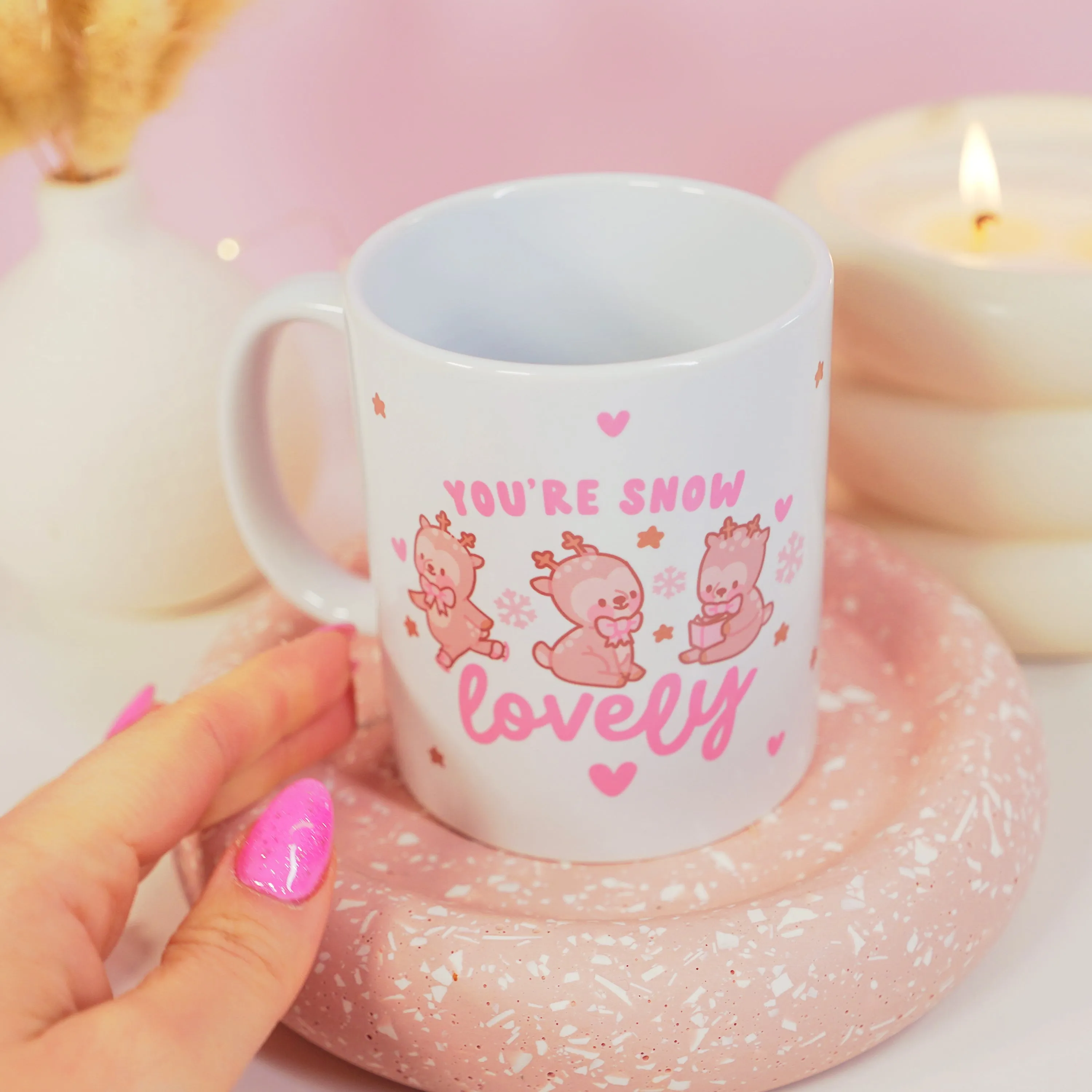 You're Snow Lovely Christmas Ceramic Mug | Kawaii Reindeer Design | Festive Cinnamon Reindeer Holiday Coffee & Hot Chocolate Mug