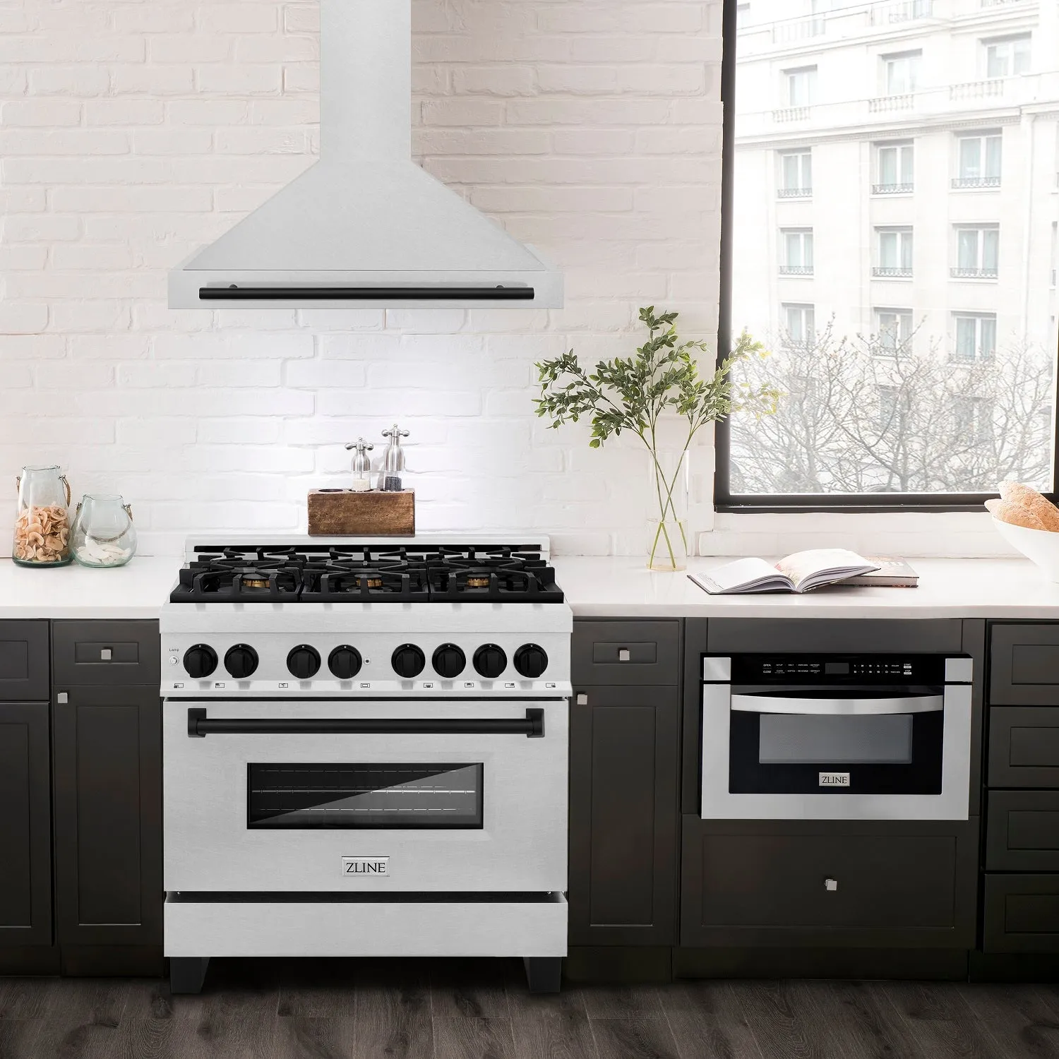ZLINE 36" Autograph Edition DuraSnow® Stainless Steel Range Hood with DuraSnow® Stainless Steel Shell and Matte Black Handle